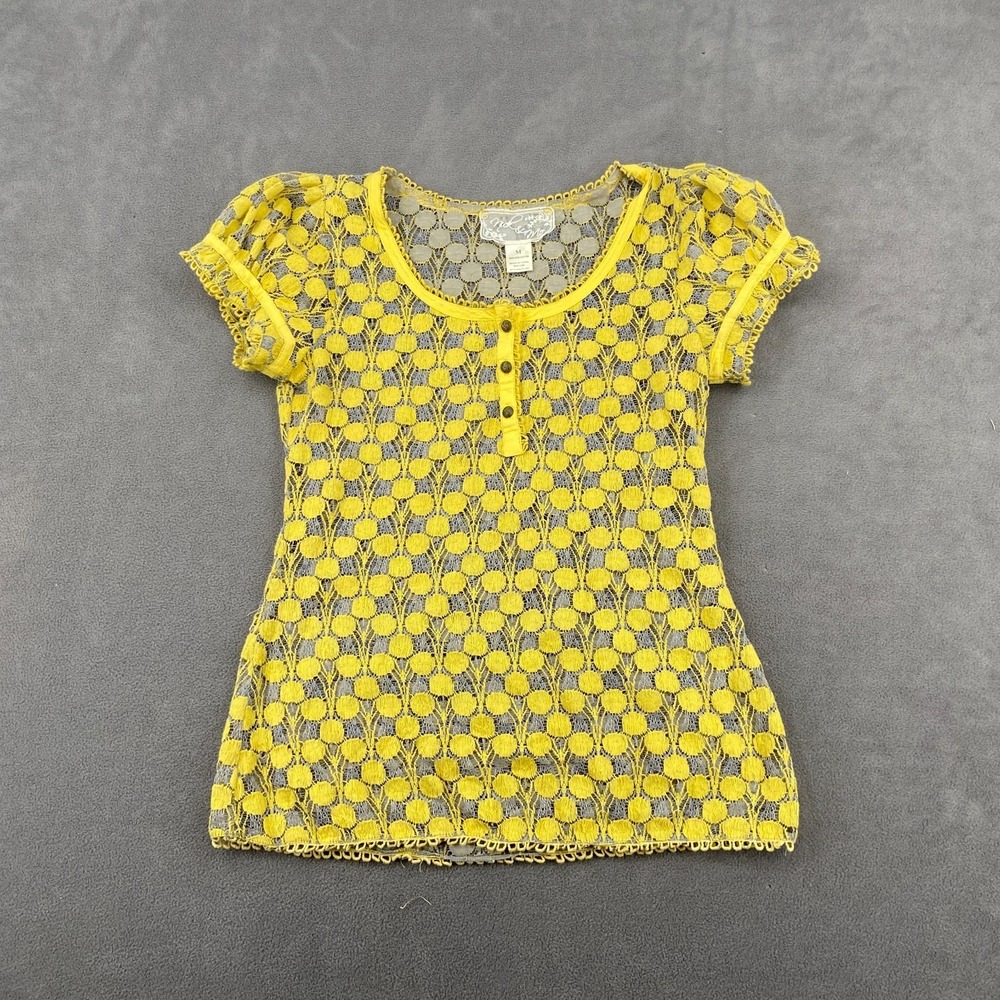 Nik & Me Crochet Blouse Top Sz M Yellow Lace Mesh Summer Trim Henley Neck Puff‎